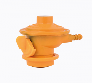 LPG-Regulator brass ball valve with blue handle and etched specifications.