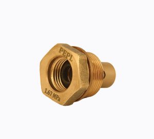 Camping Valve brass ball valve with blue handle and etched specifications.