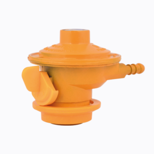 LPG-Regulator brass ball valve with blue handle and etched specifications.